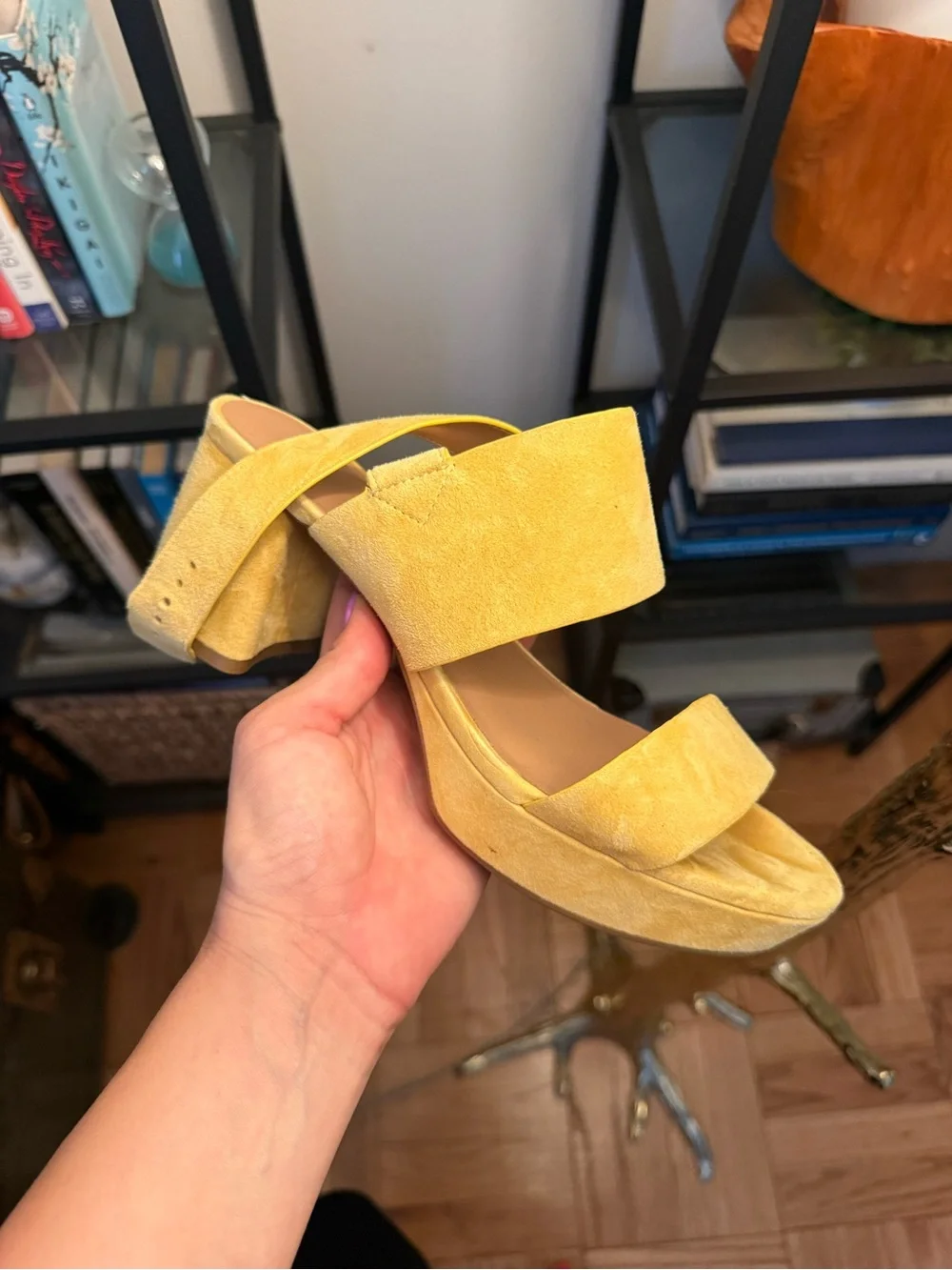 Aerosols Women’s Yellow Suede Block Heel Sandals